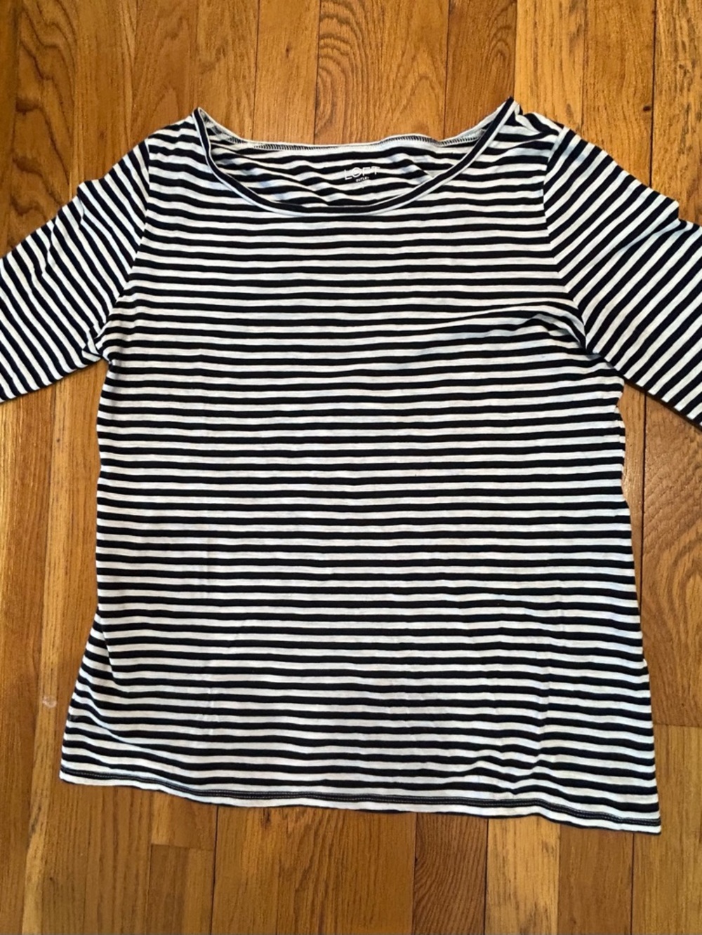 LOFT Blue & White Striped Short Sleeve Tee with red trim on sleeves